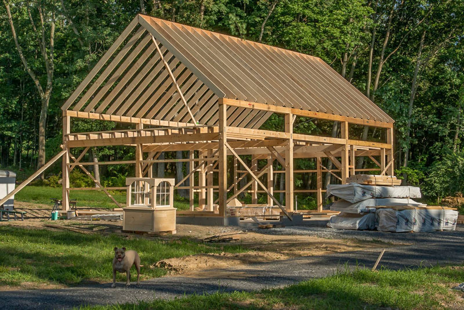 Timber frame of the barn under construction