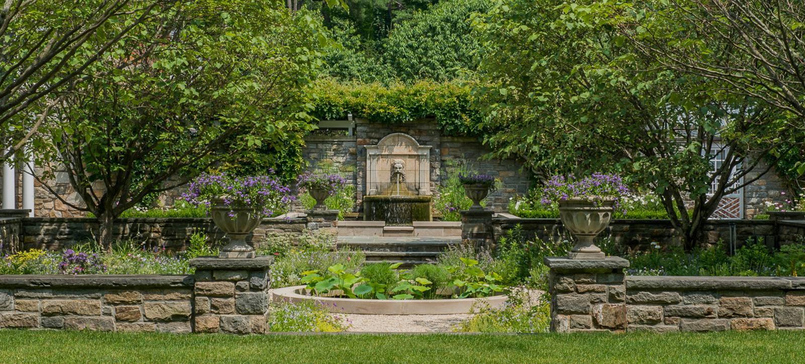 Stone fountain wall with urns of violets, a lotus pool and flower borders