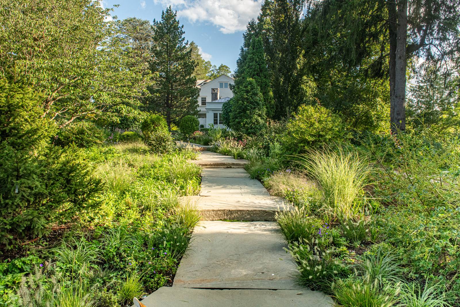 Garden path leading to a white house