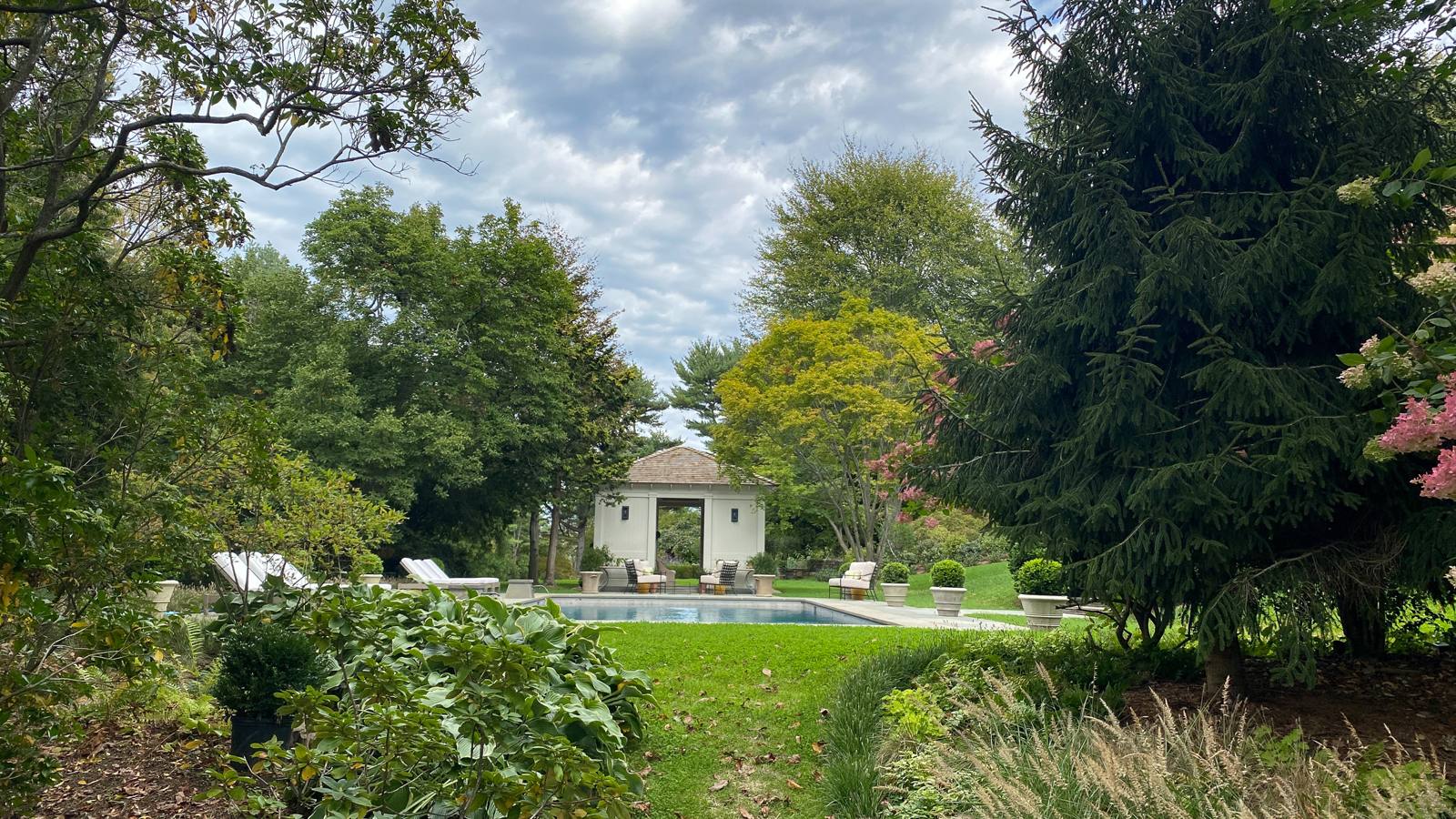Pool and pavilion seen through trees and hostas