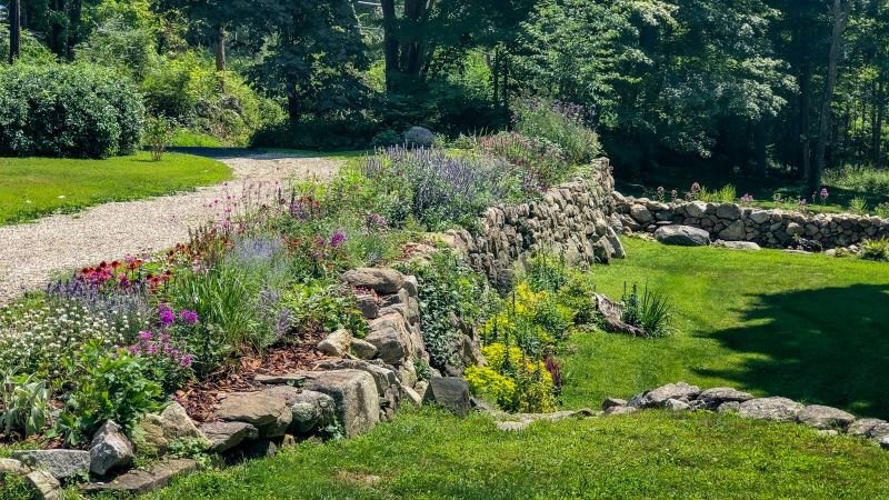 Perennial border above a curving stone wall beside the gravel drive