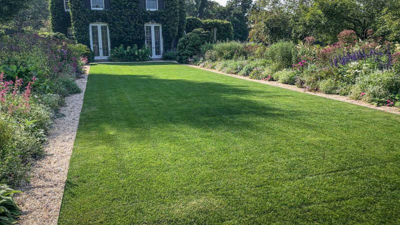 Lawn between gravel-edged borders leading to the ivy-covered house