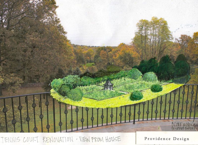 Hand-colored sketch of the proposed garden seen from the house terrace, with the gazebo at its center