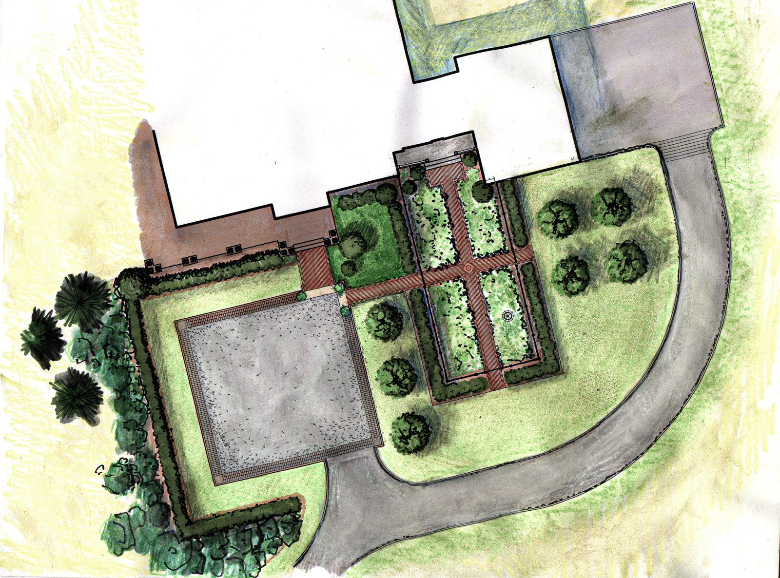 Hand-rendered garden plan showing a formal parterre of four boxwood-edged beds on a brick cross path, a gravel court and a curving drive