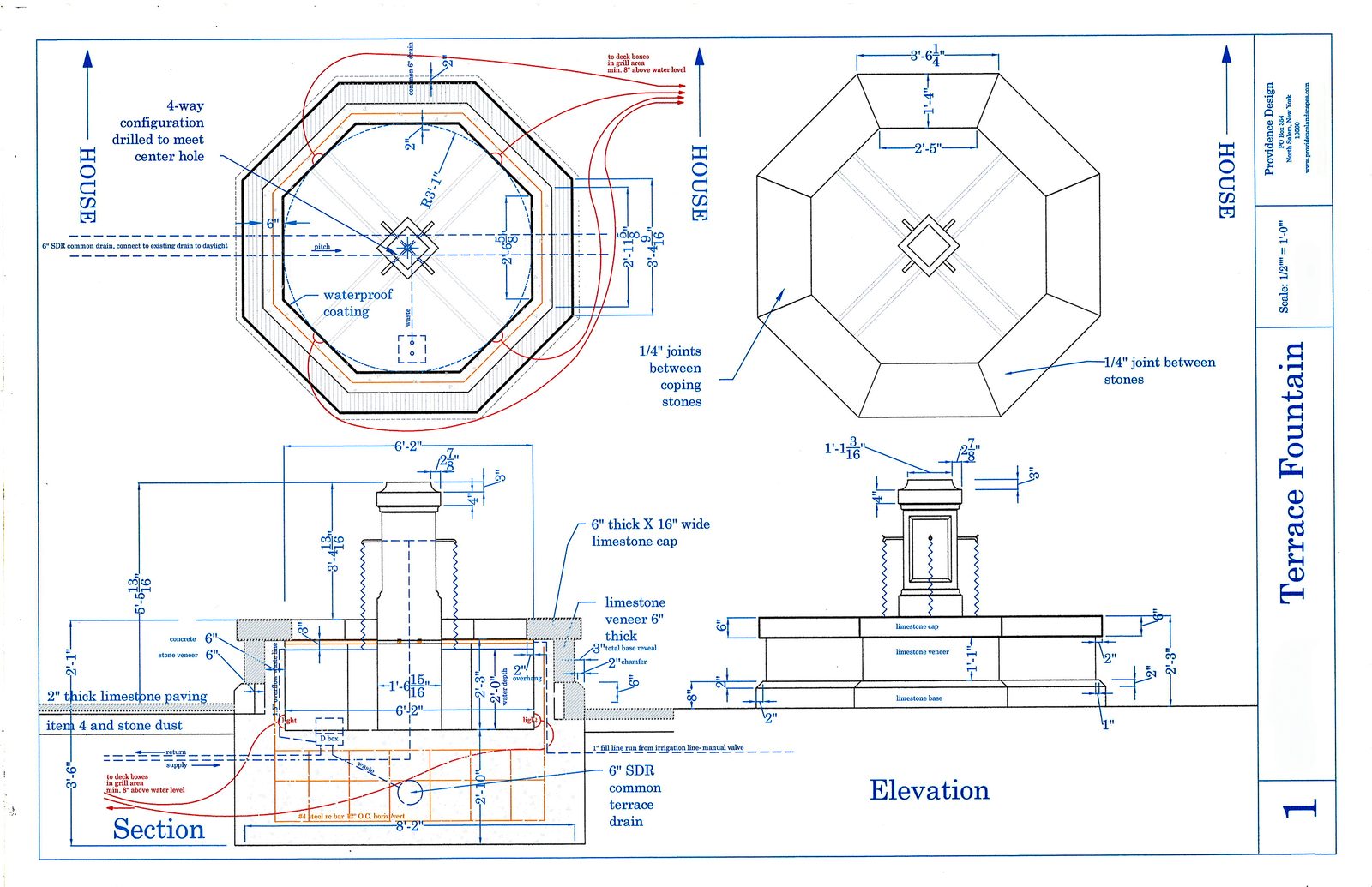 Construction drawing of the octagonal terrace fountain in plan, section and elevation